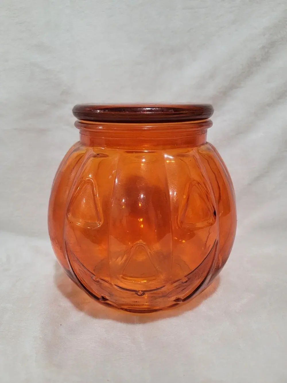 Vintage Halloween Orange Glass Pumpkin Candy Jar Canister w/Lid 7 1/2”